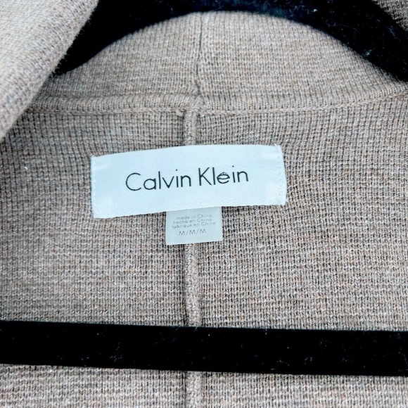 Calvin Klein Women's sz M Taupe/Black Open Front Knit Cardigan Faux Leather Trim - Picture 9 of 13